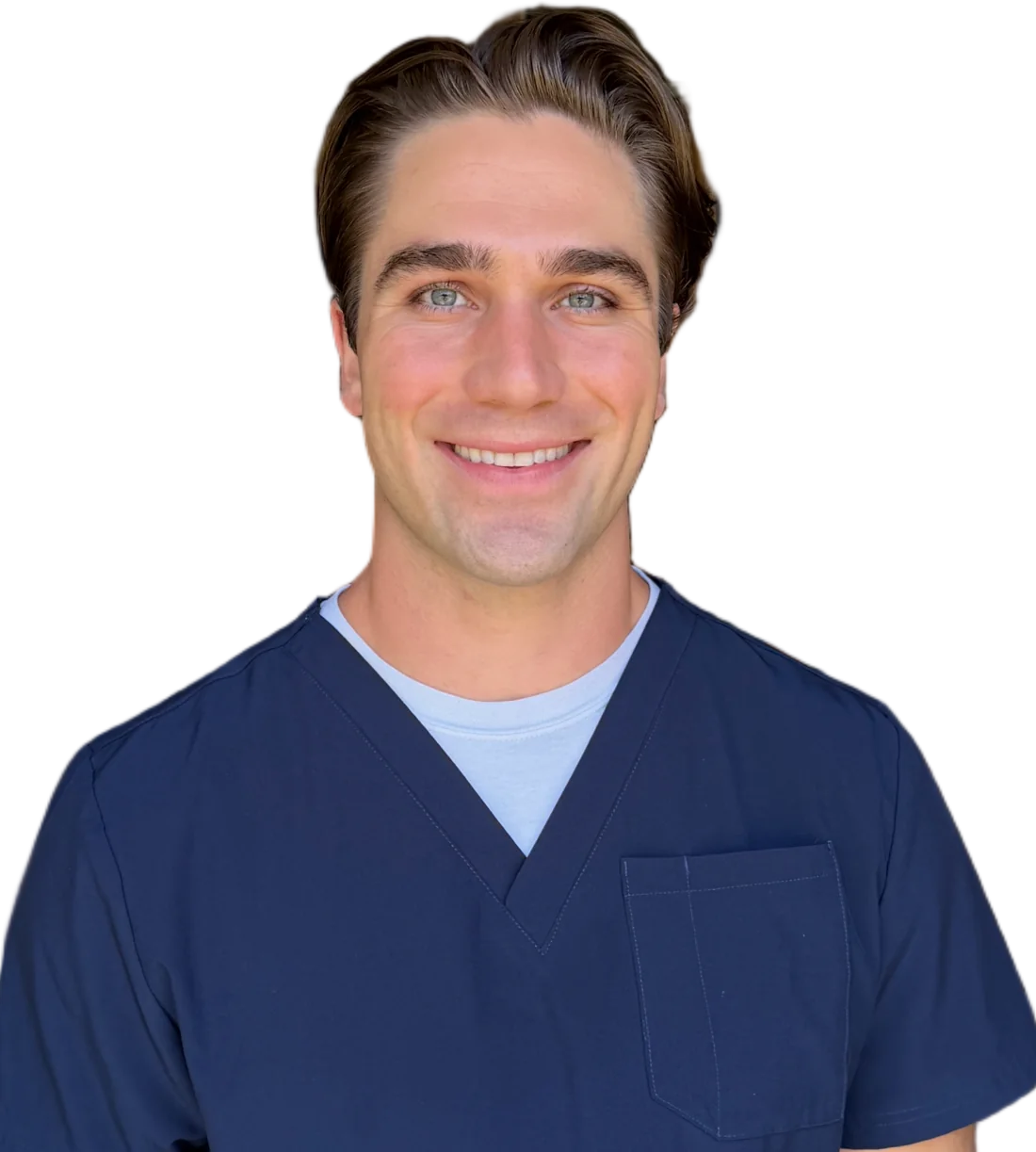 Robbie Peck, Doctor of Physical Therapy, in navy scrubs, smiling at the camera