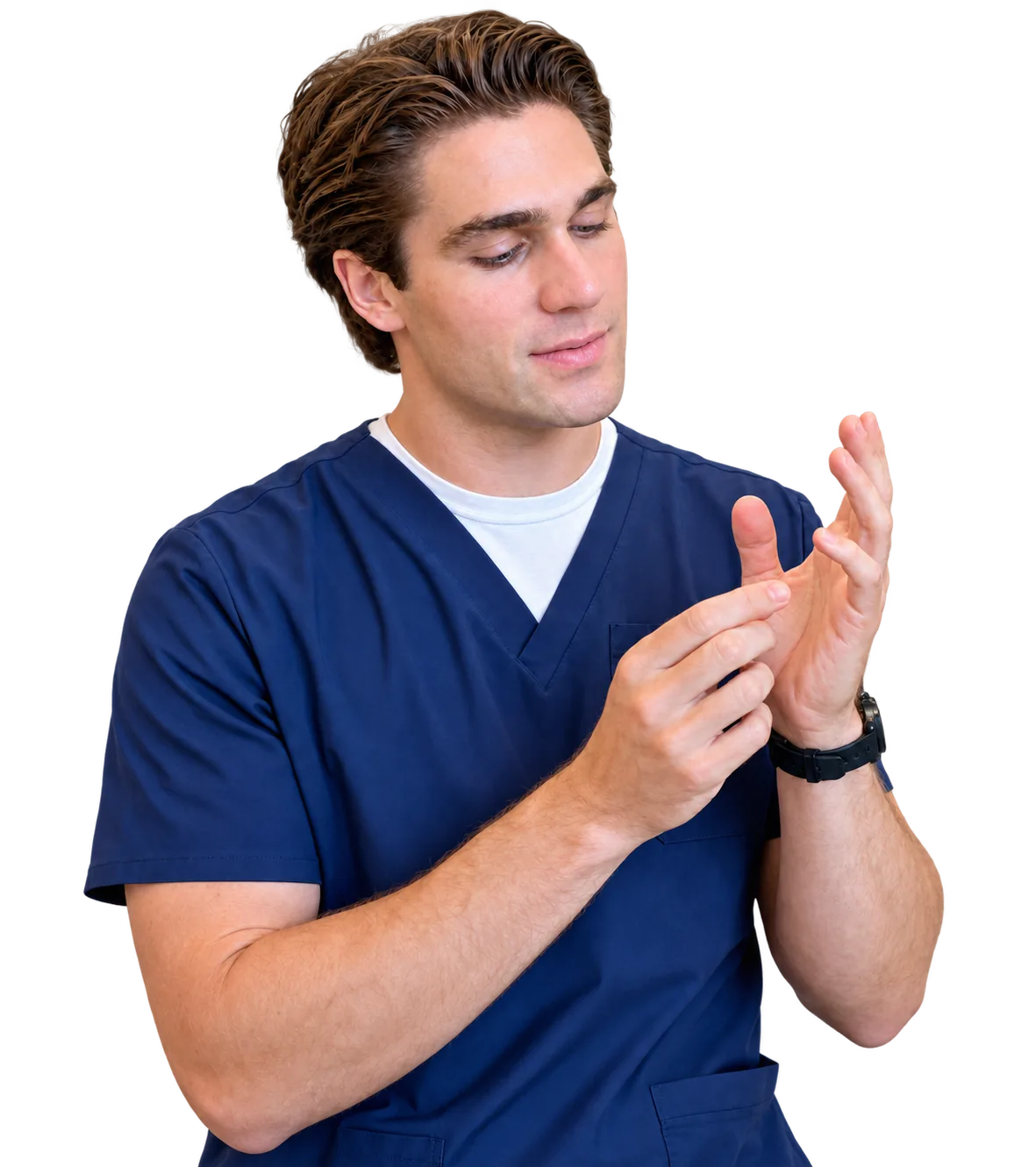 Robbie Peck, physical therapist, looking down at his own hands mid movement