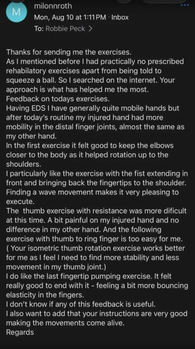 Email from a tester giving detailed feedback on the routine